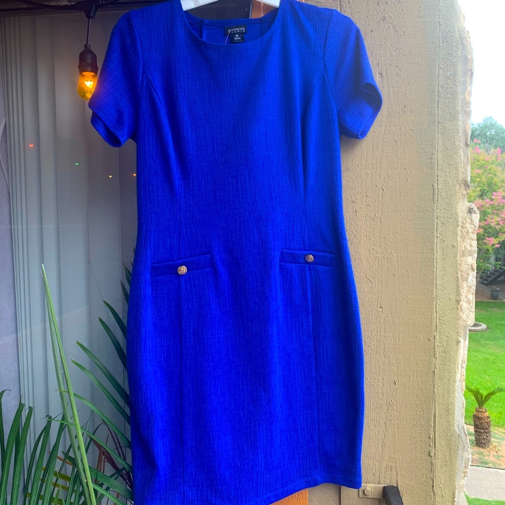 Blue business dress.